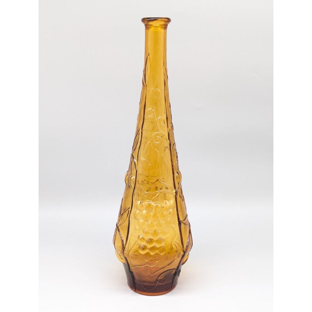 Vintage MCM Empoli Art Glass Amber Floral Flowers Genie Bottle Decanter 15.5"